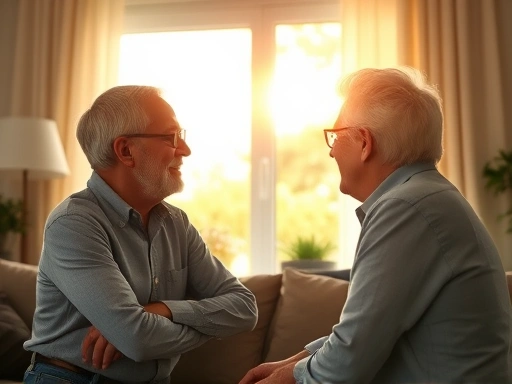은퇴를 앞둔 중년 부부가 창밖을 바라보며 대화하는 모습