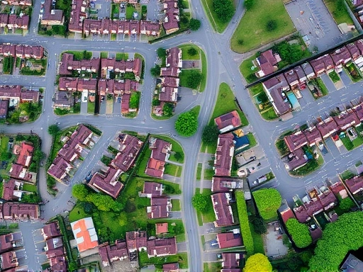 도심과 교외의 주택들이 복합적으로 배치된 풍경을 조감도로 표현, 다양한 주택 유형과 초록색 자연이 어우러져 시장 변화를 시사하는 두 번째 이미지