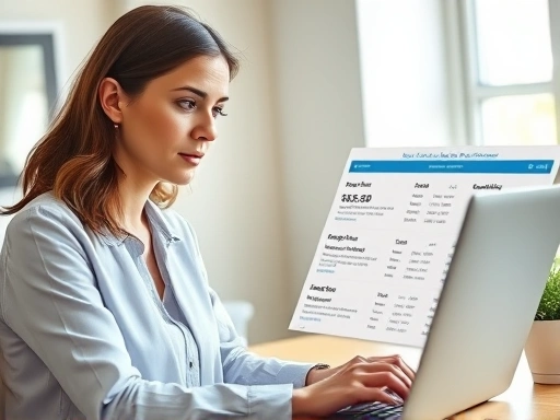 한 여성이 노트북 앞에서 여러 금융기관의 대출 상품을 비교하는 모습