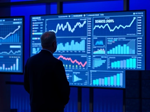 다양한 통계 그래프와 차트가 펼쳐진 대형 스크린 앞에 선 사람이 부동산 시장의 흐름을 분석하는 모습