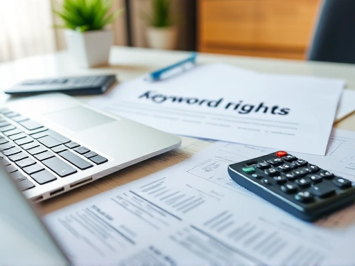 경매 서류와 노트북, 계산기, 그리고 '권리 분석' 키워드가 보이는 서류가 클로즈업된 장면