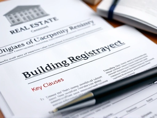 부동산 등기부등본, 건축물대장 등 중요한 서류들이 책상에 펼쳐져 있고, 핵심 조항을 표시한 계약서 위에 펜이 놓여 있는 클로즈업 샷, 진지하고 차분한 분위기