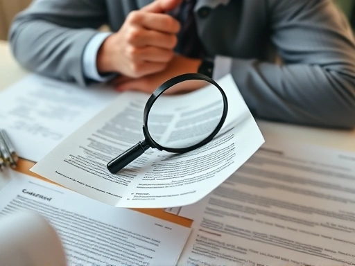 손에 계약서를 들고 돋보기로 조항 하나하나를 꼼꼼하게 확인하는 사람의 클로즈업된 손과 얼굴.