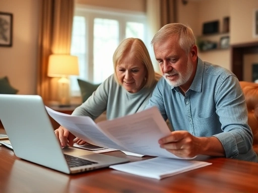 따뜻한 색감의 조명 아래, 중년 부부가 거실 테이블에 앉아 노트북을 보며 부동산 관련 서류를 진지하게 검토하고 있는 모습