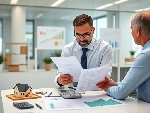 깔끔하고 현대적인 사무실 배경에서, 전문가가 작은 스케일 모델 주택과 계산기, 차트를 배경으로 세무 서류를 가리키며 클라이언트에게 복잡한 세금 문제를 설명하고 있는 모습