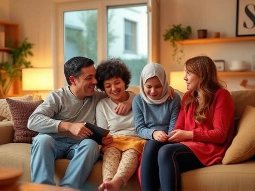 따뜻한 느낌의 거실에서 가족이 편안하게 휴식하는 모습