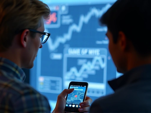 스마트폰 앱을 통해 실시간 부동산 차트를 확인하며 신중하게 생각하는 인물의 클로즈업, 밝고 집중된 조명으로 명확한 정보 탐색 강조