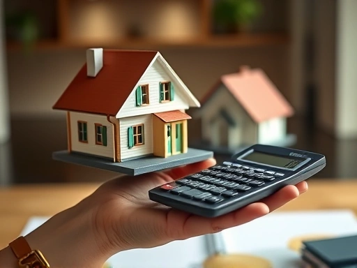 손으로 부동산 모형과 계산기를 들고 대출 한도를 계산하는 듯한 장면