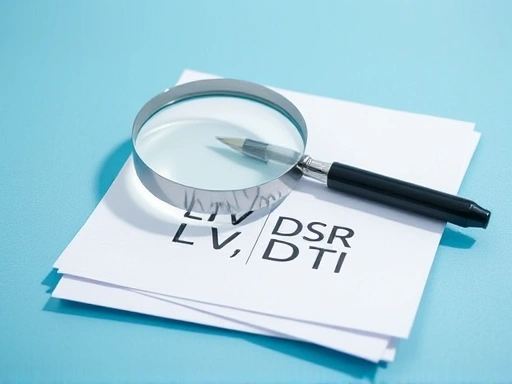 LTV, DSR, DTI 글자가 선명하게 인쇄된 종이들 위에 돋보기와 펜이 놓여 있는 클로즈업.