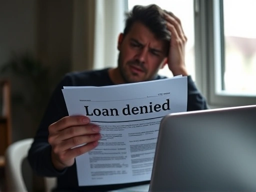 좌절감에 빠진 인물이 노트북 앞에서 금융 관련 서류를 들고 있는 모습