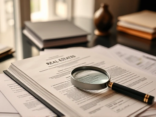 부동산 서류가 펼쳐진 책상 위에 등기부등본이 놓여 있고, 그 옆에는 돋보기가 놓여 있는 모습
