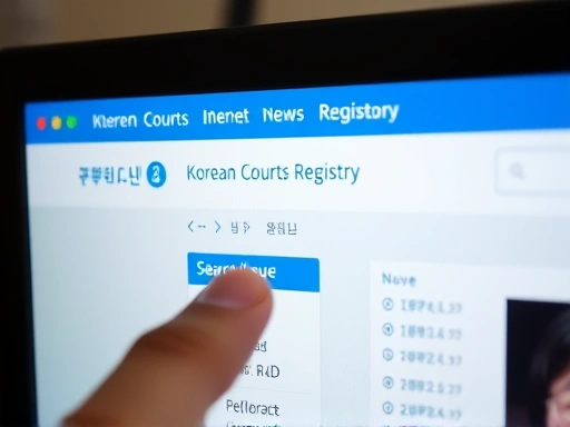 컴퓨터 화면에 대한민국 법원 인터넷등기소 웹사이트가 열려 있고, 손가락이 마우스 커서로 '등기열람/발급' 메뉴를 가리키는 클로즈업 샷.