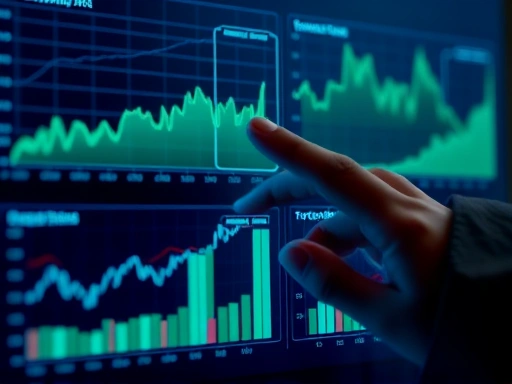 다양한 경제 지표 그래프가 화면에 중첩되어 보이며, 그 위에 손가락으로 가리키는 모습