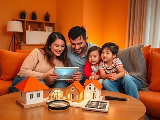 따뜻한 주황색 톤의 아늑한 거실에서 미소를 띠는 부모와 자녀들이 함께 앉아 태블릿 화면을 보며 편안하게 대화하는 모습