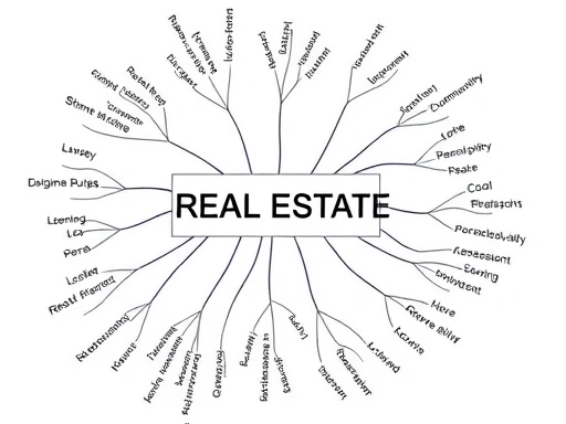 부동산', '취득세', 'LTV' 등 핵심 부동산 용어들이 마인드맵 형태로 연결되어 있는 모습