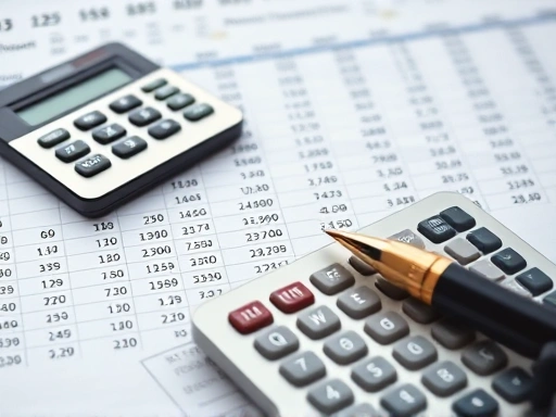 복잡한 엑셀 스프레드시트에 부동산 투자 수익률 관련 수치와 그래프가 명확하게 표시되어 있고, 그 위에 놓인 계산기와 필기 도구가 클로즈업된 모습