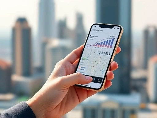 도시 스카이라인을 배경으로 스마트폰에서 부동산 앱을 사용하는 사람의 모습