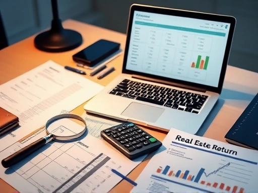 돋보기가 놓인 부동산 관련 서류와 계산기가 함께 있는 책상 위에서, 노트북 화면에는 복잡한 부동산 수익률 계산표가 열려있고, 조명은 집중적이고 분석적인 분위기