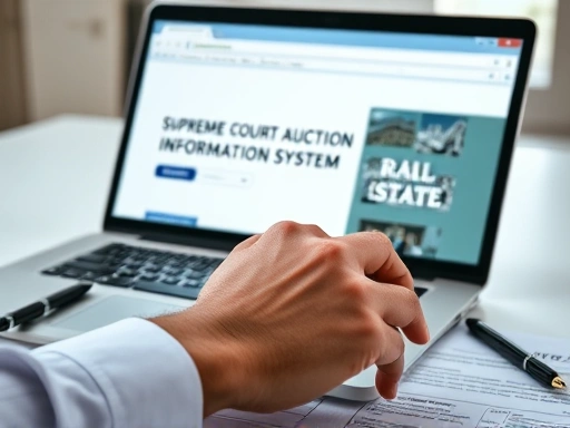 깔끔한 배경에서 노트북을 펼치고 마우스로 대법원 경매정보 시스템 웹사이트를 살펴보는 사람의 손 클로즈업.