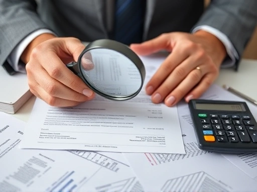 두 손으로 돋보기를 들고 복잡한 등기부등본을 꼼꼼히 확인하는 모습