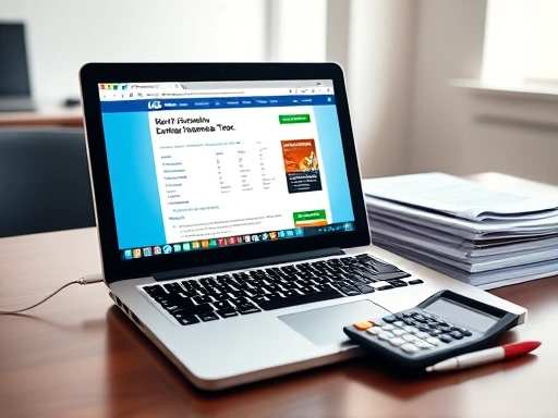 개인의 부동산 임대소득세 신고 서류가 쌓여있는 책상 위에 노트북이 열려 있고, 화면에는 국세청 홈택스 웹페이지가 보인다.