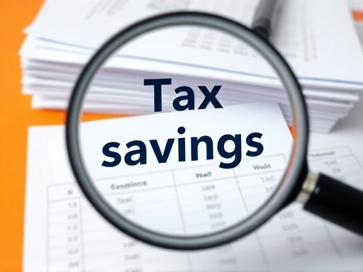 정리된 서류 더미 위에 돋보기가 놓여 있고, 그 아래에는 '절세'라는 단어가 강조된 표가 보인다.