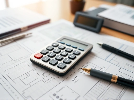 부동산 지도 위에 놓인 계산기와 필기 도구를 클로즈업한 이미지