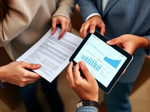 손에 잡힌 부동산 관련 서류와 태블릿 화면에 나타난 통계 그래프.