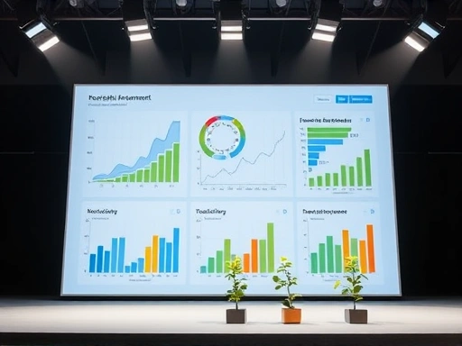 깔끔하게 정리된 디지털 대시보드 화면이 중심에 배치되어 있으며, 다양한 차트와 그래프가 부동산 투자 성과 지표들을 시각적으로 보여줍니다.