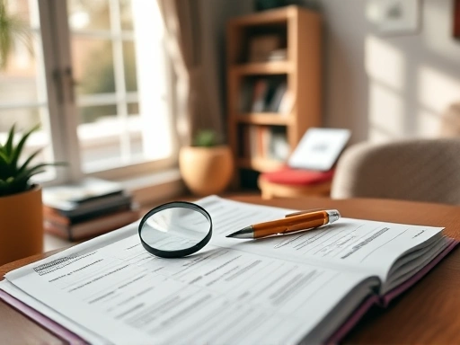 아늑한 실내 서재에서 펼쳐진 재정 계획서 위에 놓인 돋보기와 펜.