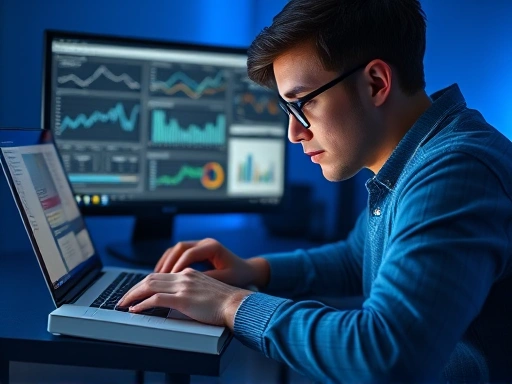 젊은 투자자가 노트북 앞에 앉아 복잡한 부동산 데이터를 분석하고 있는 클로즈업 이미지