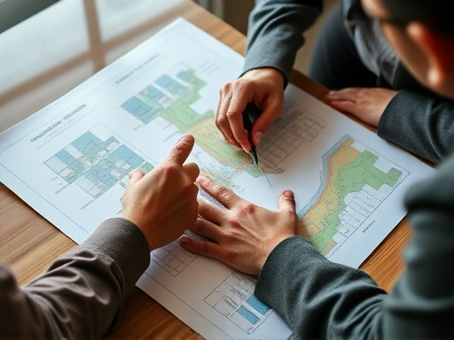 두 명의 인물이 테이블에 앉아 부동산 지도와 차트를 펼쳐 놓고 진지하게 대화하는 클로즈업 장면