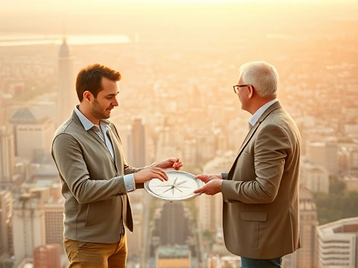 넓고 복잡한 도시의 빌딩 숲을 배경으로, 한 초보 투자자가 나침반을 들고 망설이는 모습