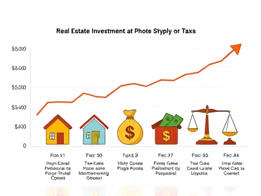 다양한 종류의 세금이 표시된 부동산 투자 그래프를 배경으로, 세금 종류별 아이콘(집, 돈 가방, 저울 등)이 명확하게 배치되어 복잡한 세금 구조를 시각적으로 단순화합니다.