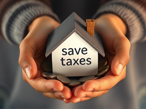 두 손이 맞잡고 세금 절약이라는 단어가 쓰여진 작은 주택 모형을 보호하듯 감싸고 있는 클로즈업 이미지