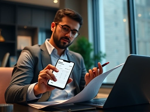 부동산 투자 수익률 계산 앱을 스마트폰 화면에 띄워 놓고, 한 손에 펜을 든 채 노트북과 서류를 함께 보며 진지하게 분석하고 있는 현대적인 투자자의 모습