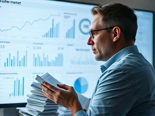 복잡한 데이터 차트와 그래프가 펼쳐진 스크린 앞에서 심각하게 분석하는 투자자의 모습