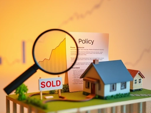 여러 요소(돋보기로 확대된 금리 그래프, 정책 관련 문서, 'SOLD' 사인이 붙은 미니어처 집 모형)가 조화롭게 배치된 미니어처 디오라마.