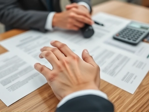 여러 개의 부동산 서류(등기부등본, 계약서, 세금계산서 등)와 계산기가 놓인 책상 위에서 전문가(변호사, 세무사 등)와 함께 상담하며 고민하는 사람의 손 클로즈업.