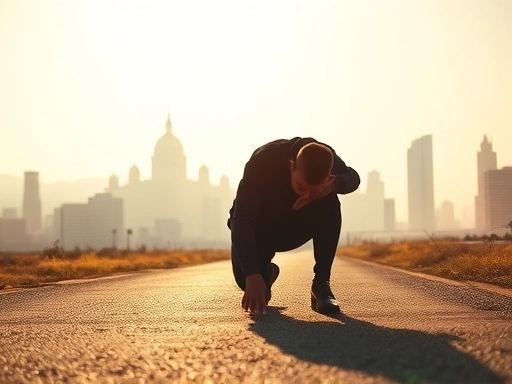 햇빛이 비치는 길 위에 주저앉아 고개를 숙이고 있지만, 강한 의지를 엿볼 수 있는 표정의 인물.