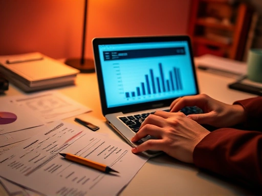 따뜻한 색감의 조명 아래, 책상 위에 펼쳐진 재무제표와 노트북 화면을 진지하게 들여다보는 손.