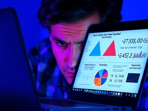 고민하는 표정의 한 사람이 복잡한 부동산 관련 도표와 숫자들이 빼곡한 노트북 화면을 응시하고 있습니다.