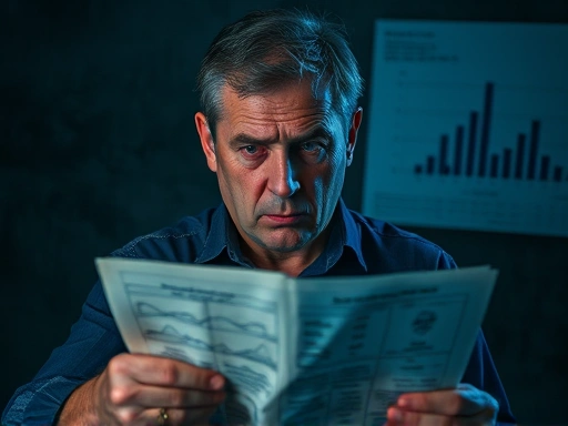 어두운 배경에 좌절한 표정으로 낡은 서류와 복잡한 차트를 응시하는 남성, 차가운 푸른색 조명과 그림자가 드리워져 실패의 분위기