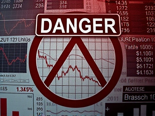 여러 겹의 복잡한 그래프와 숫자, 그리고 그 위에 놓인 '위험'이라는 글자가 새겨진 경고 표지판이 클로즈업된 이미지