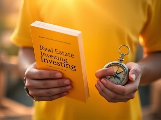 한 손에는 부동산 투자 관련 서적을 들고 다른 한 손으로는 나침반을 들고 있는 사람의 모습