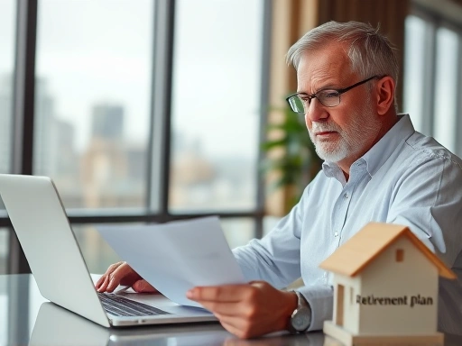 넓은 창문 너머로 보이는 도시 풍경을 배경으로, 깔끔하고 현대적인 사무실에서 노트북을 앞에 둔 채 진지한 표정으로 재무 서류를 검토하는 50대 후반의 남성.