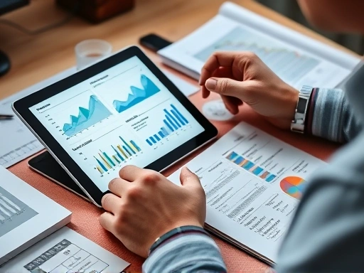 정돈된 책상 위에 놓인 태블릿 PC 화면에 다양한 부동산 그래프와 투자 포트폴리오를 보여주는 데이터 시각화 자료가 선명하게 보인다.