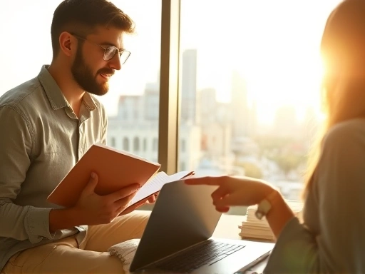 두 명의 사람이 노트북을 보며 활발하게 대화하고 있는 클로즈업 샷으로, 한 사람은 노트를 들고 다른 사람은 화면을 가리키고 있습니다.