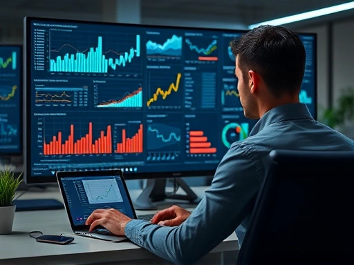 다양한 데이터 차트와 그래프가 복합적으로 표현된 모니터 화면 앞에 노트북을 둔 채 앉아 자료를 분석하는 사람의 모습