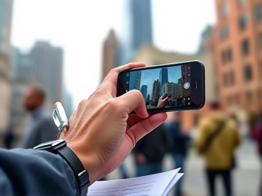 현장 임장 활동 중 스마트폰으로 주변 건물을 촬영하며 메모하는 사람의 클로즈업 손.